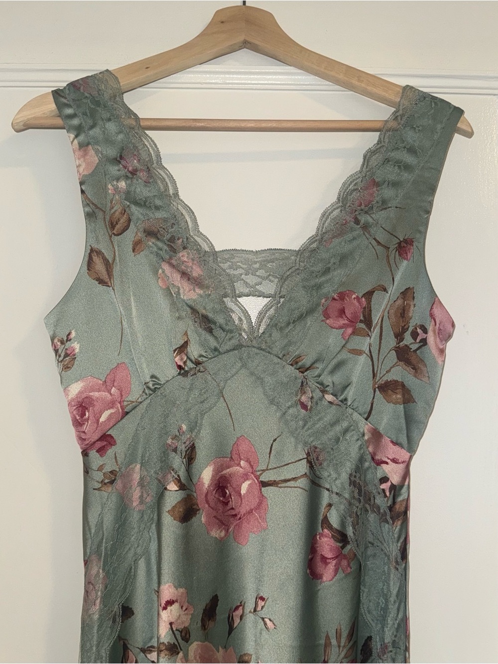 Floral Lace-Trim Maxi Dress- Dusty Sage with Pink Roses